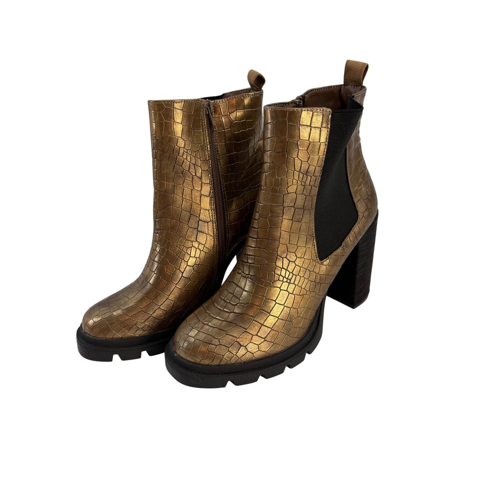 Metallic Bronze Croc-Embossed Ankle Booties